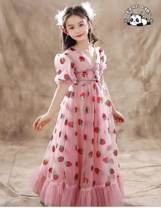 LEZONKIDS - Vestido de Tule com Brilho de Morango Rosa Personalizável para Meninas, Vestido de Festa de Aniversário para Crianças